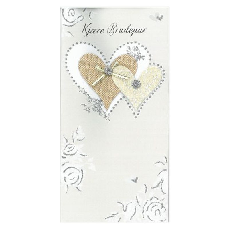 Kort bryllup/champagne 2 hjerter håndlaget 15x15 cm