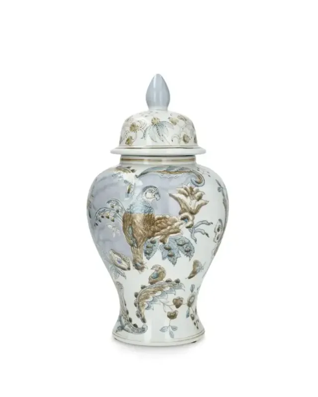 Vase/urne med lokk papegøye mønster Ø21 x 39 cm